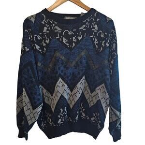 Vintage Cosby Sweater Mens Large Black 90s Geometric Academia Retro Grandpa